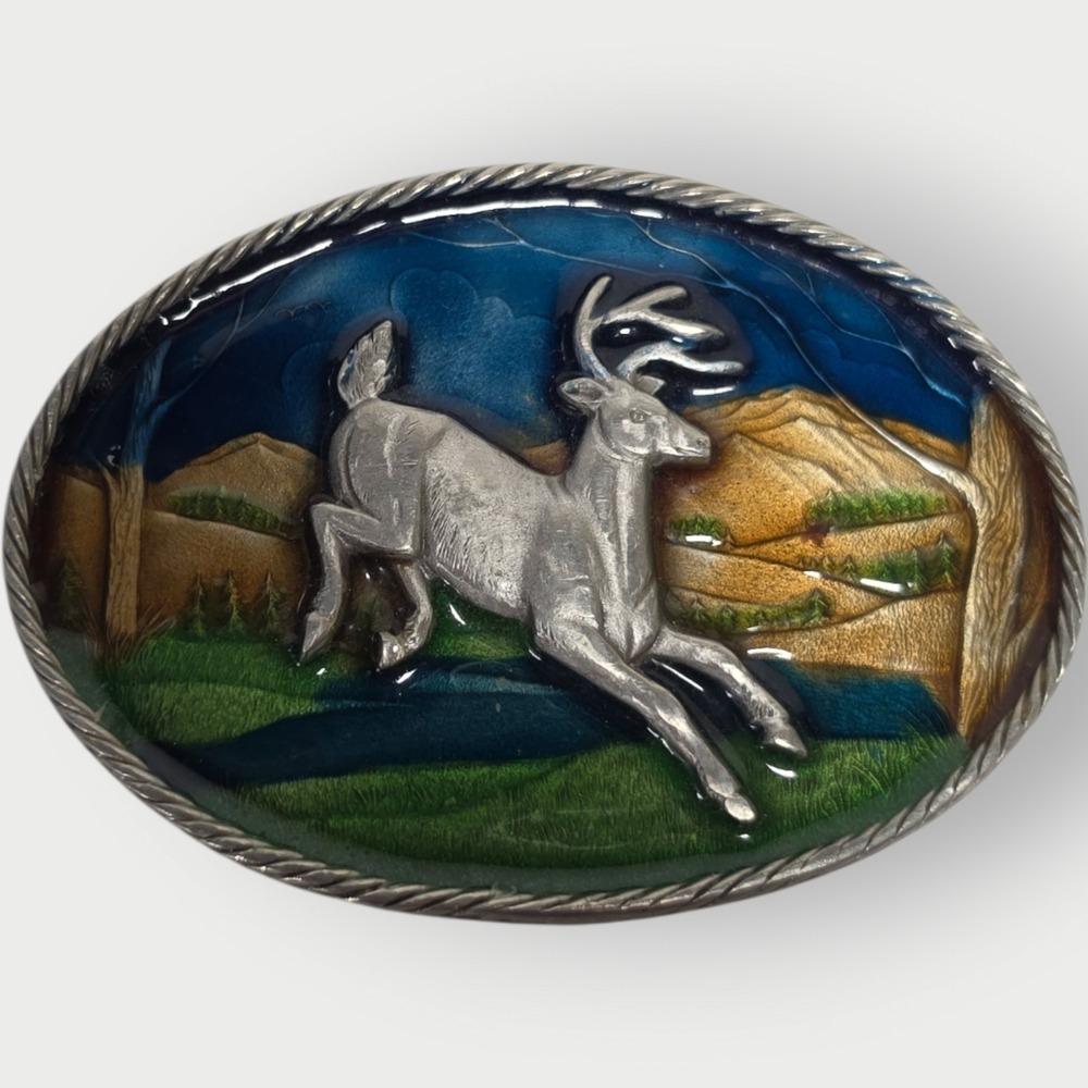 Vintage 1980 Great American Buckle Co Jumping Deer Enamel Belt Buckle H472